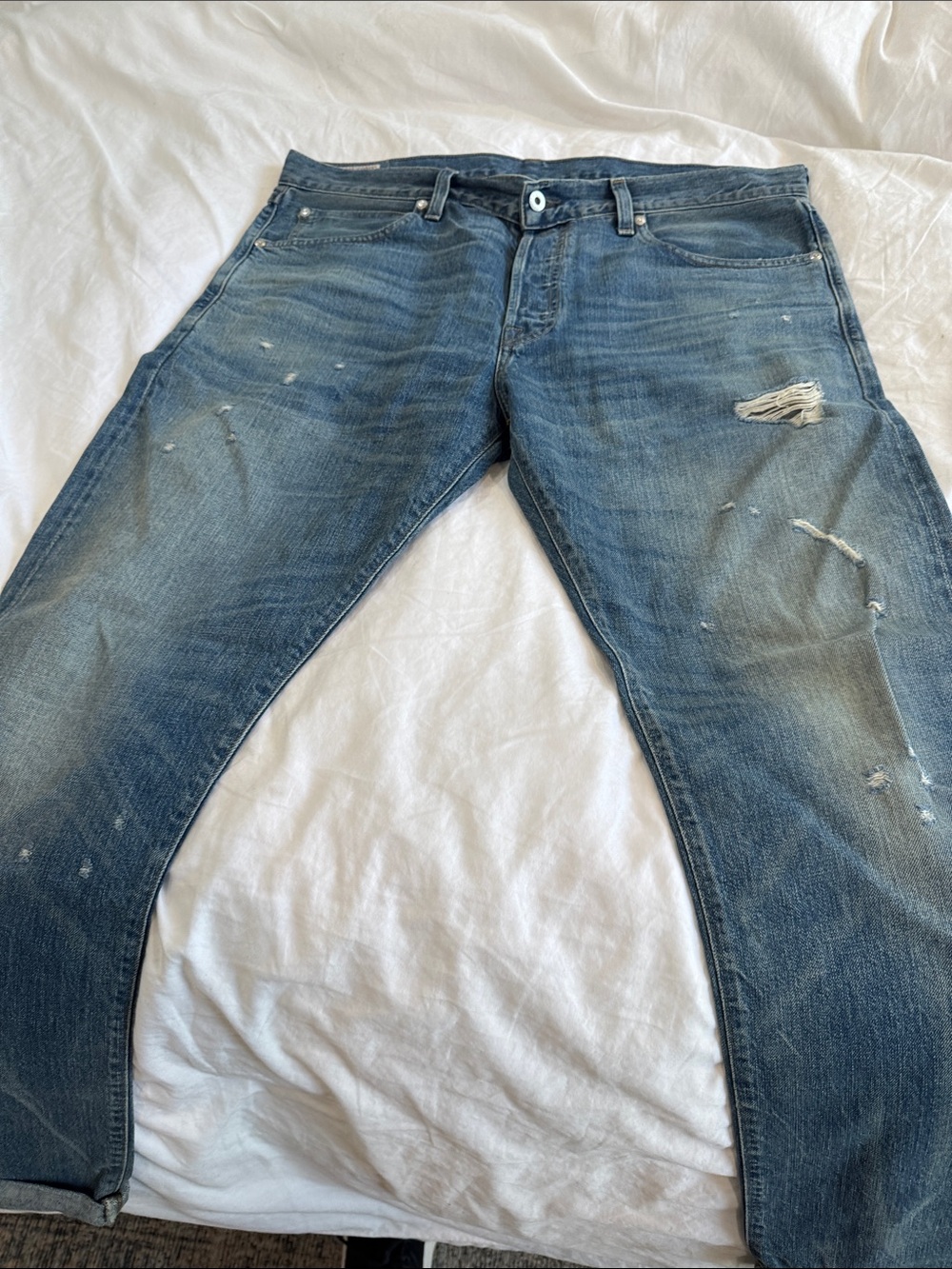 Wallace & Barnes Men's Blue Distressed Jeans With Button Fly